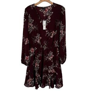 White House Black Market Size 10 Floral Long Sleeve Dress Burgundy Womens new